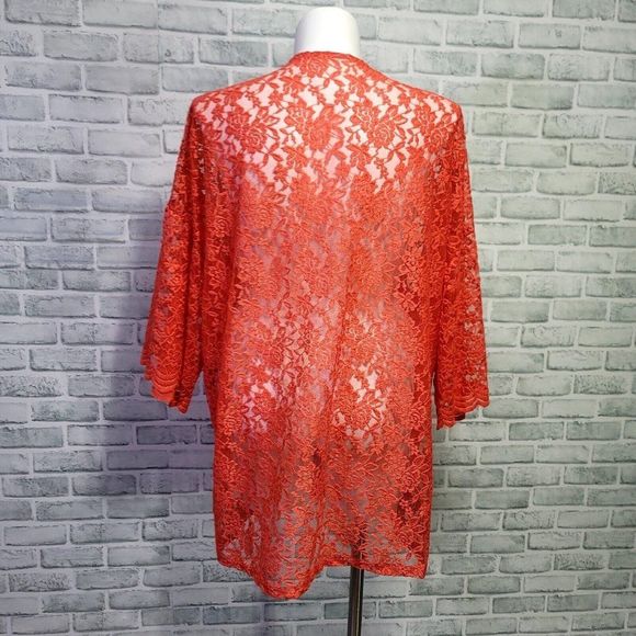 Haptics by Holly Harper Plus Size 1X Neon Coral Lace Cover Up Cardigan Popover - Picture 5 of 8